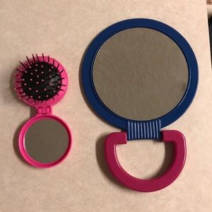 Travel hang- mirror and foldable hair brush